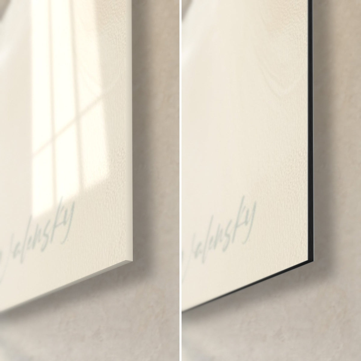 Wall art narwhal, pale blue Walensky signature on ivory background, glossy acrylic glass and matte Dibond aluminium, lower right corner