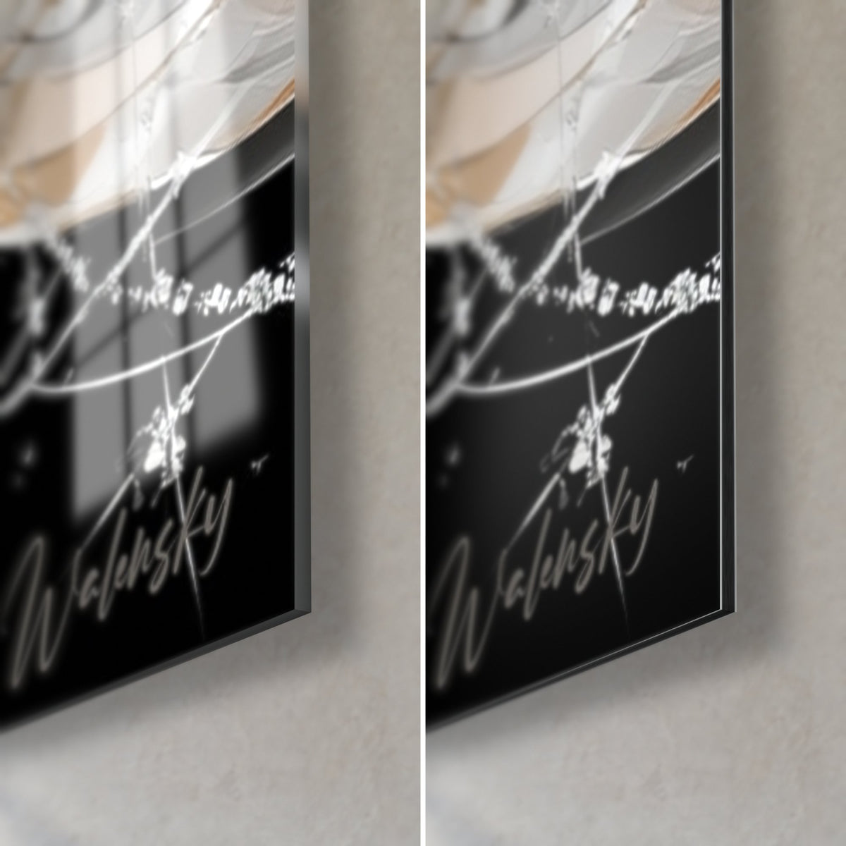 Wall art narwhal mosaic in silver and black, bottom right corner: glossy acrylic glass on the left, matte Dibond aluminium on the right, 3 mm edge