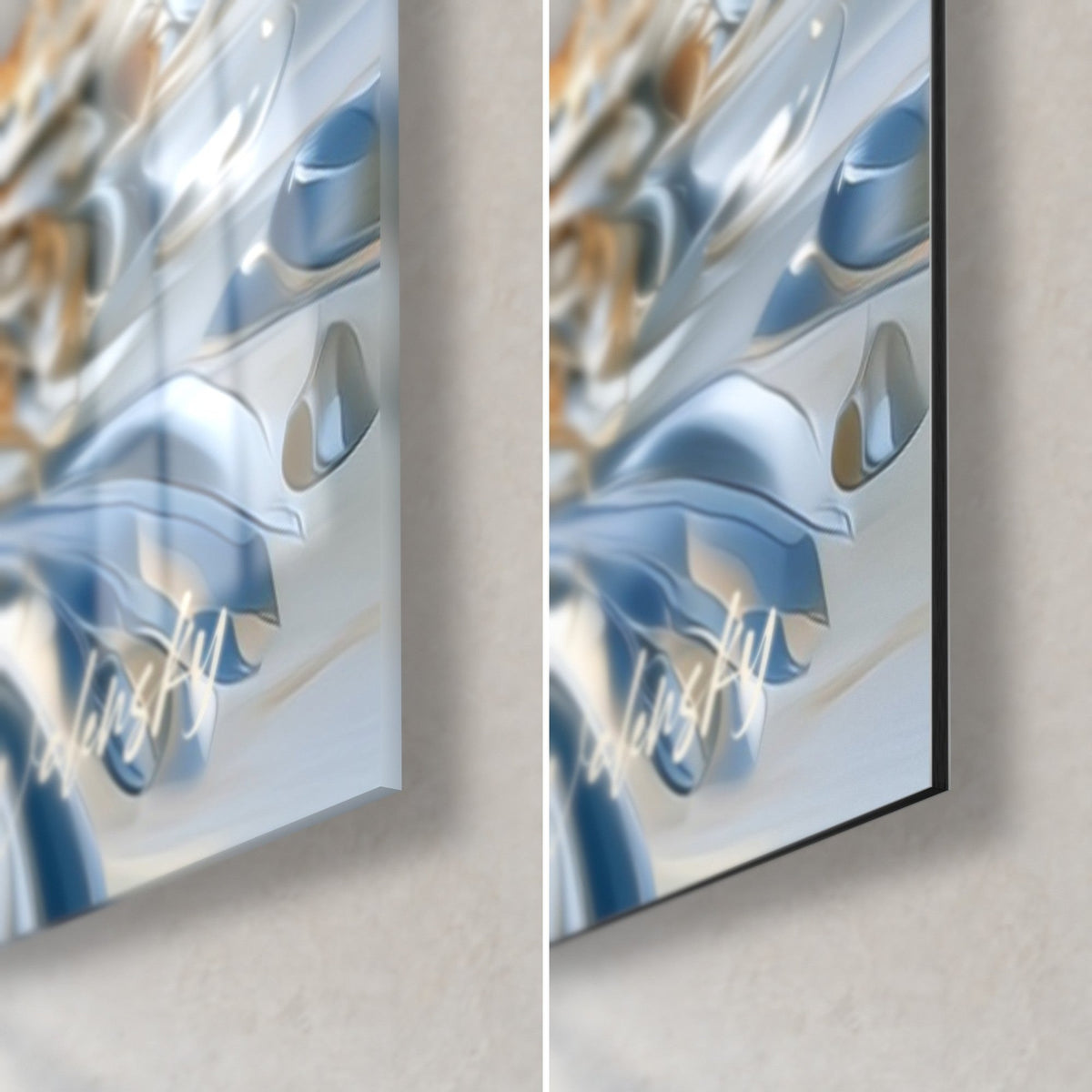 Wall art sea unicorn with blue and gold swirls, bottom right corner: glossy acrylic glass reflecting light, matte black Dibond, 3 mm edge