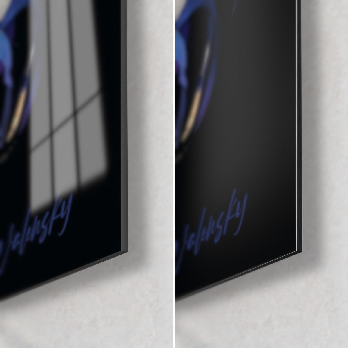 Wall art narwhal with tusk, bottom right corner: blue Walensky signature, glossy glass on the left, matte Dibond on the right
