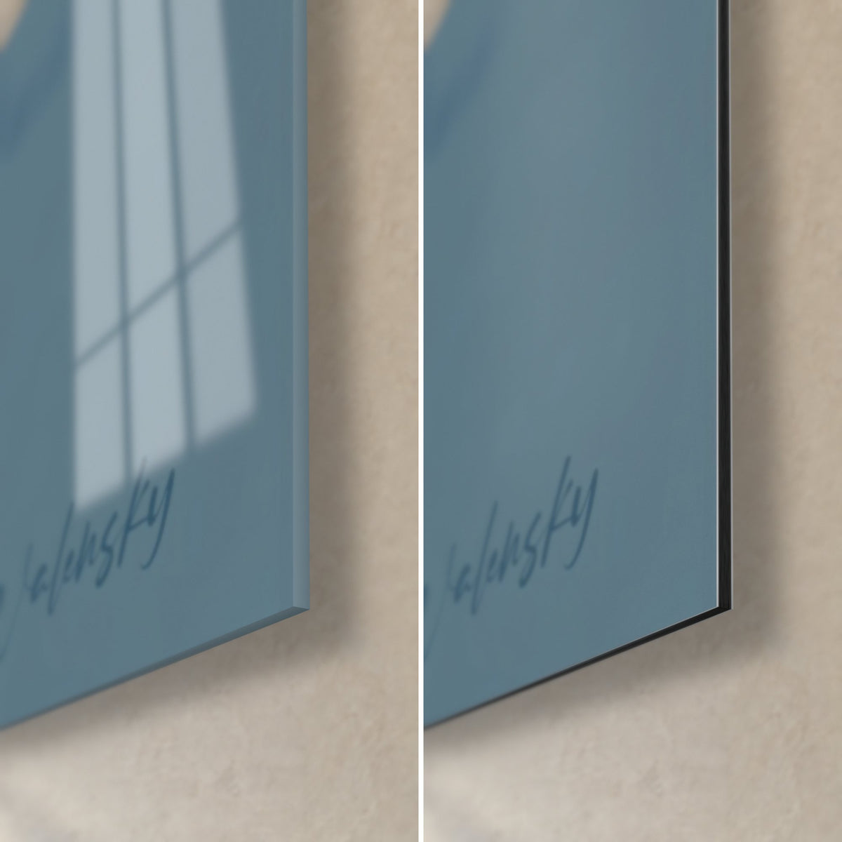 Wall art of a sea unicorn in slate blue and ochre watercolor, bottom right corner, glossy glass on the left, matte Dibond and edge on the right