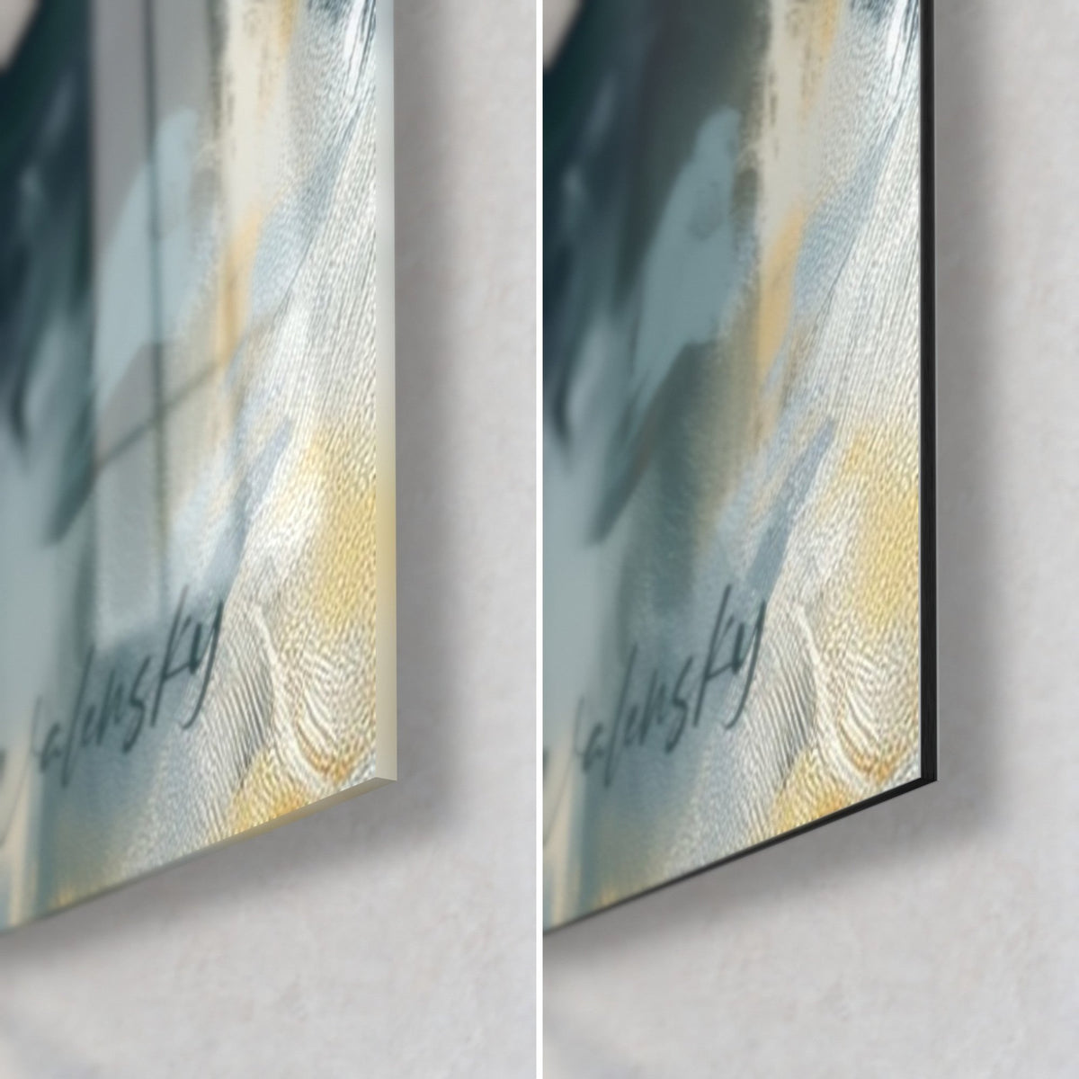 Wall art sea unicorn in pale blue and gold, bottom right corner: glossy acrylic glass on the left, matte Dibond on the right, 3 mm edge