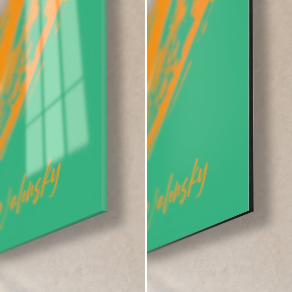 Wall art toothed whale, bottom right corner: golden signature on jade green, glossy acrylic glass on the left, black Dibond edge on the right