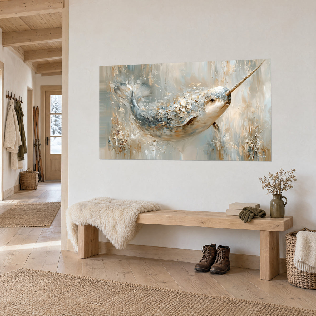 Wall art sea unicorn with paint scales in beige and steel blue, on the wall of a light wood entryway with a bench and fur throw