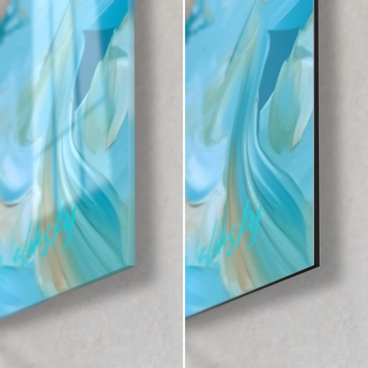 Wall art turquoise and gold painted narwhal tusk, bottom right corner: glossy acrylic glass on the left, matte Dibond on the right