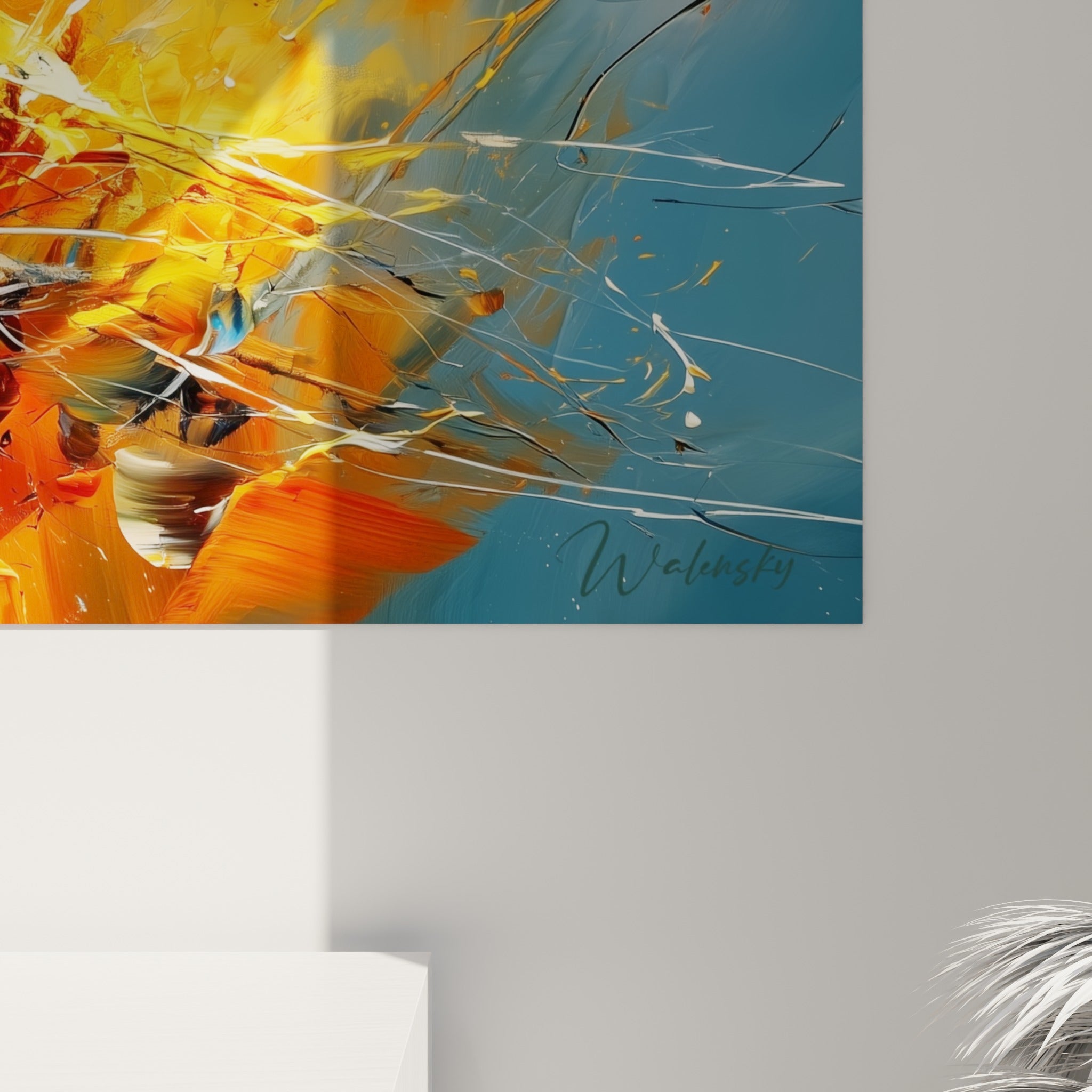 Empâtements de peinture bleu ardoise et orange cuivré visibles en gros plan sur la toile du narval