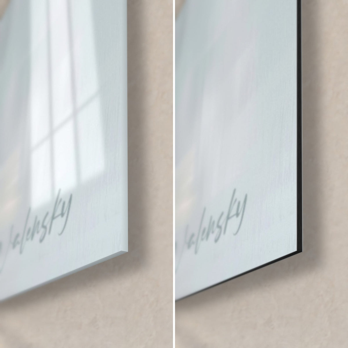 Gemälde eines Einhornwals in Grau- und Elfenbeintönen, untere rechte Ecke: glänzendes Acrylglas links, mattschwarzes Dibond rechts, 3 mm Kante