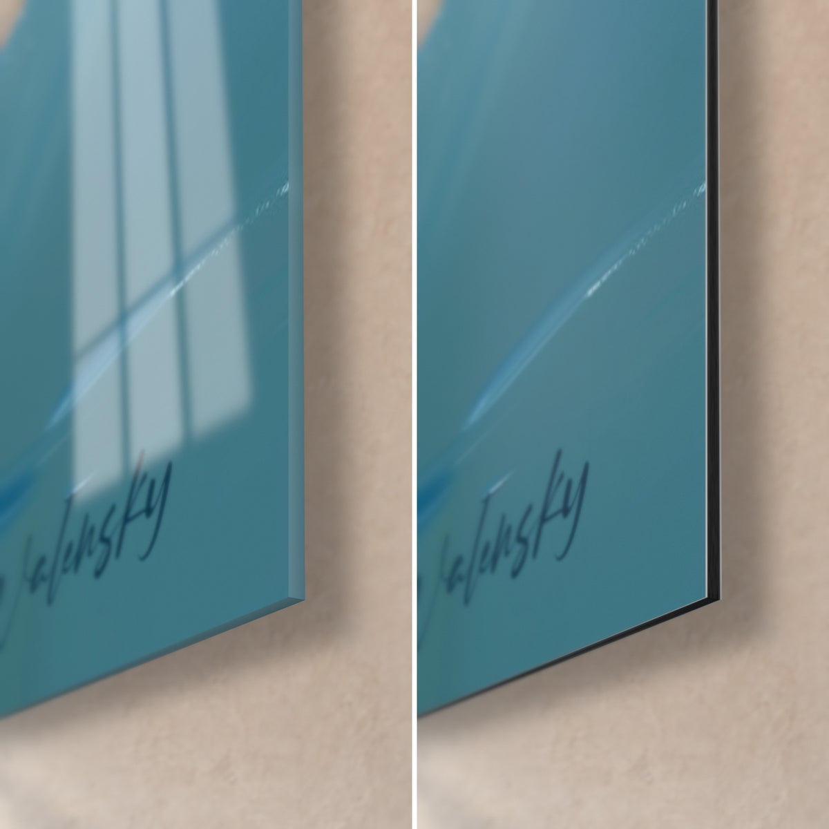 Wall art sea unicorn in shards, turquoise blue and orange, bottom right corner, glossy glass and matte Dibond, 3 mm edge