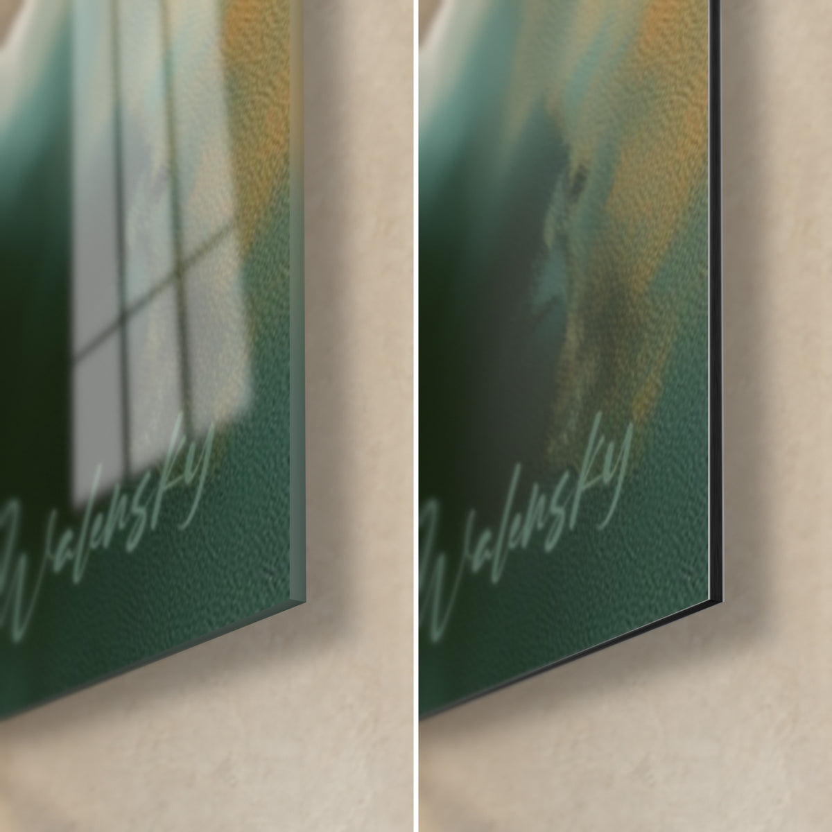 Gemälde Arktischer Wal in Ocker und Waldgrün, untere rechte Ecke: glänzendes Acrylglas links, mattes Dibond rechts, 3 mm Kante