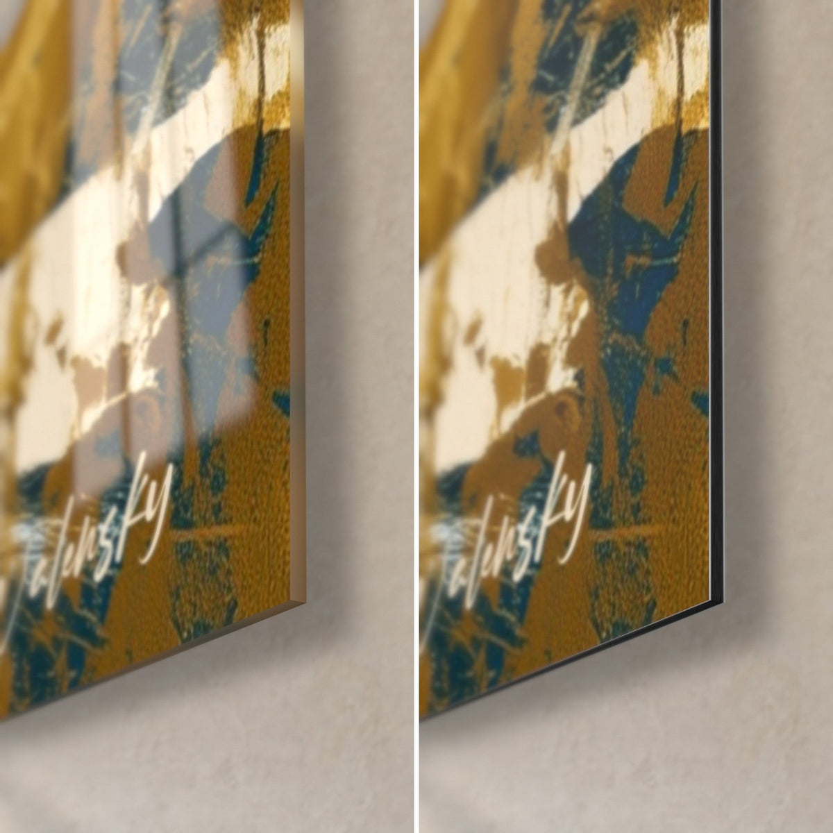 Wall art sea unicorn in deep blue and gold painting, bottom right corner: glossy acrylic glass and matte Dibond aluminum, 3 mm thickness