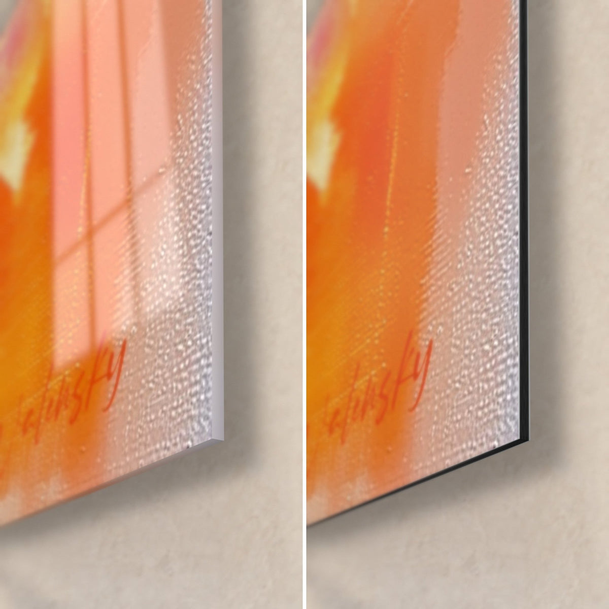 Quadro unicorno di mare in arancio e rosa, firma Walensky, spessore di 3 mm, vetro lucido e Dibond opaco affiancati