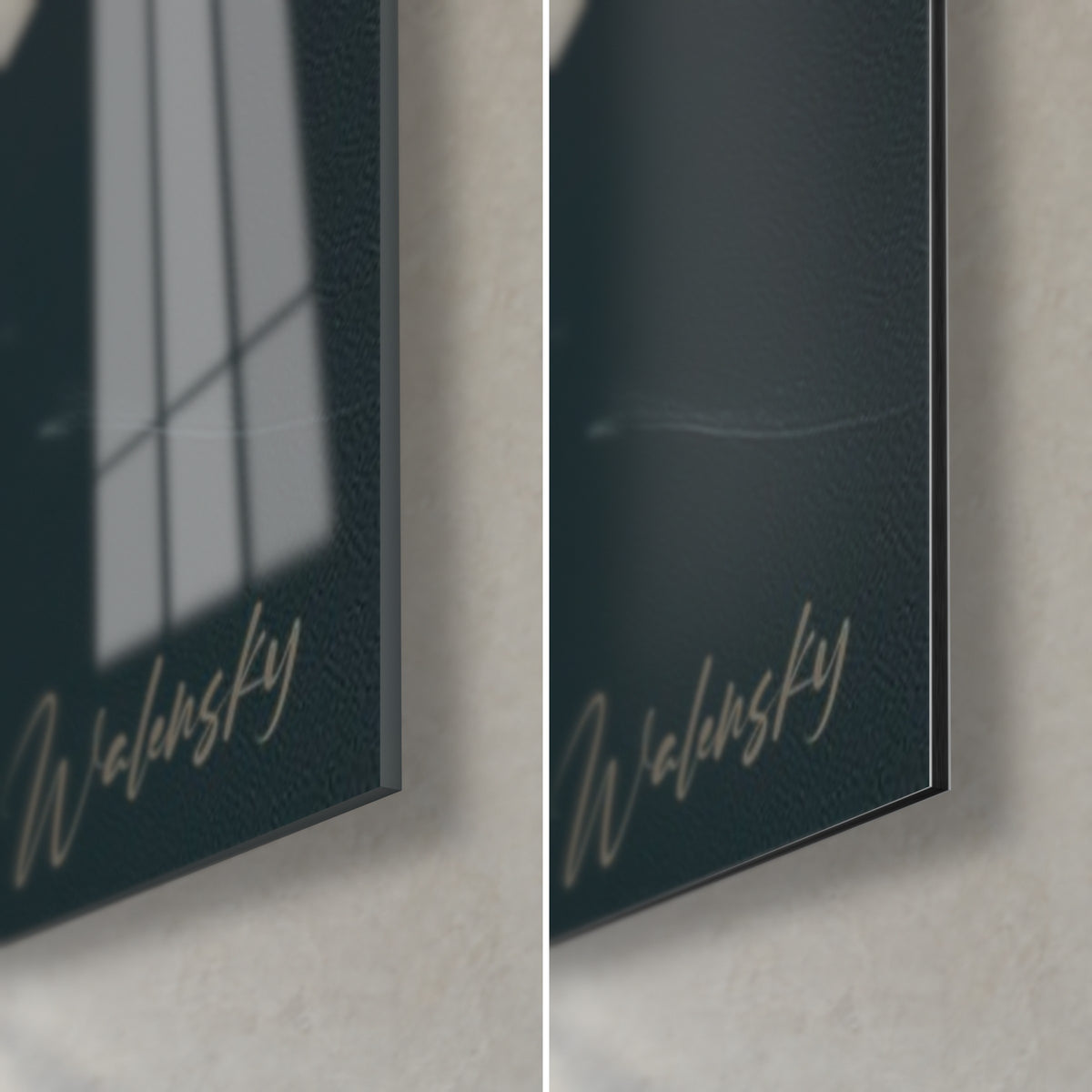 Wall art of a white sea unicorn on an anthracite background, golden Walensky signature, glossy glass and matte Dibond, 3 mm edge