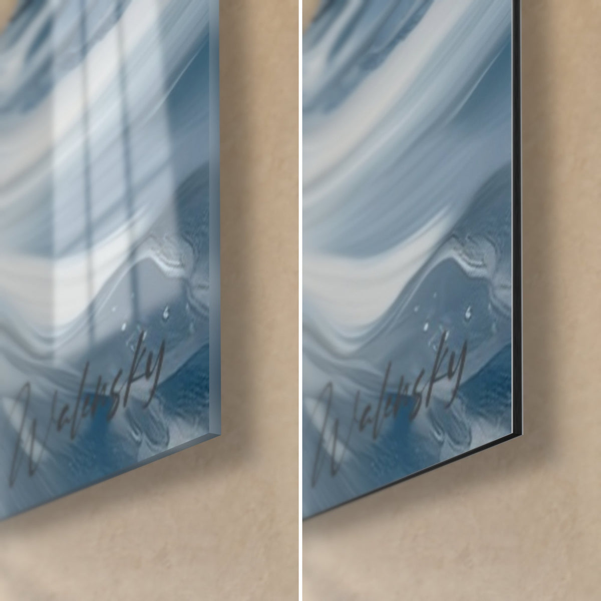 Gemälde Wal mit spiralförmigem Stoßzahn, blau-weiße Ecke unten rechts, glänzendes Acrylglas mit Reflexen links, matte Alu-Dibond rechts