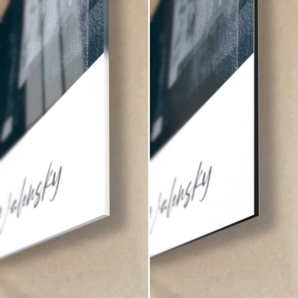 Wall art black and white narwhal, bottom right corner: glossy glass on the left, matte Dibond on the right, 3 mm black edge