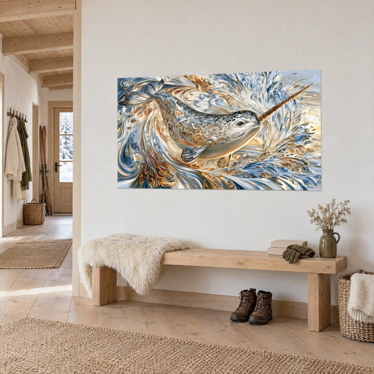 Wall art spiral-horned cetacean in a whirl of ochre and pale blue foam, hanging above a wooden bench in a chalet entryway