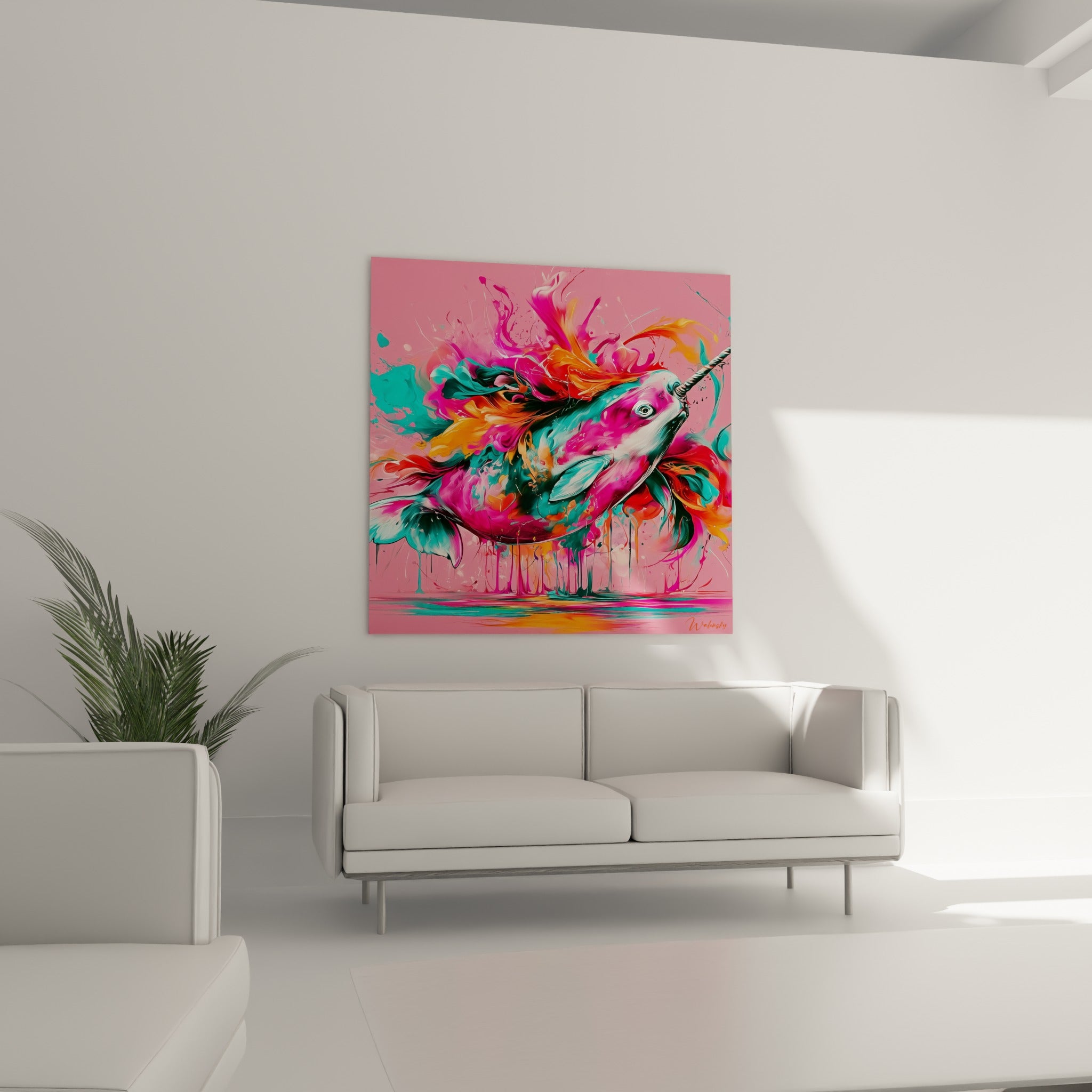 Narval turquoise et rose vif jaillissant de coulures colorées, au-dessus d'un canapé dans un salon lumineux