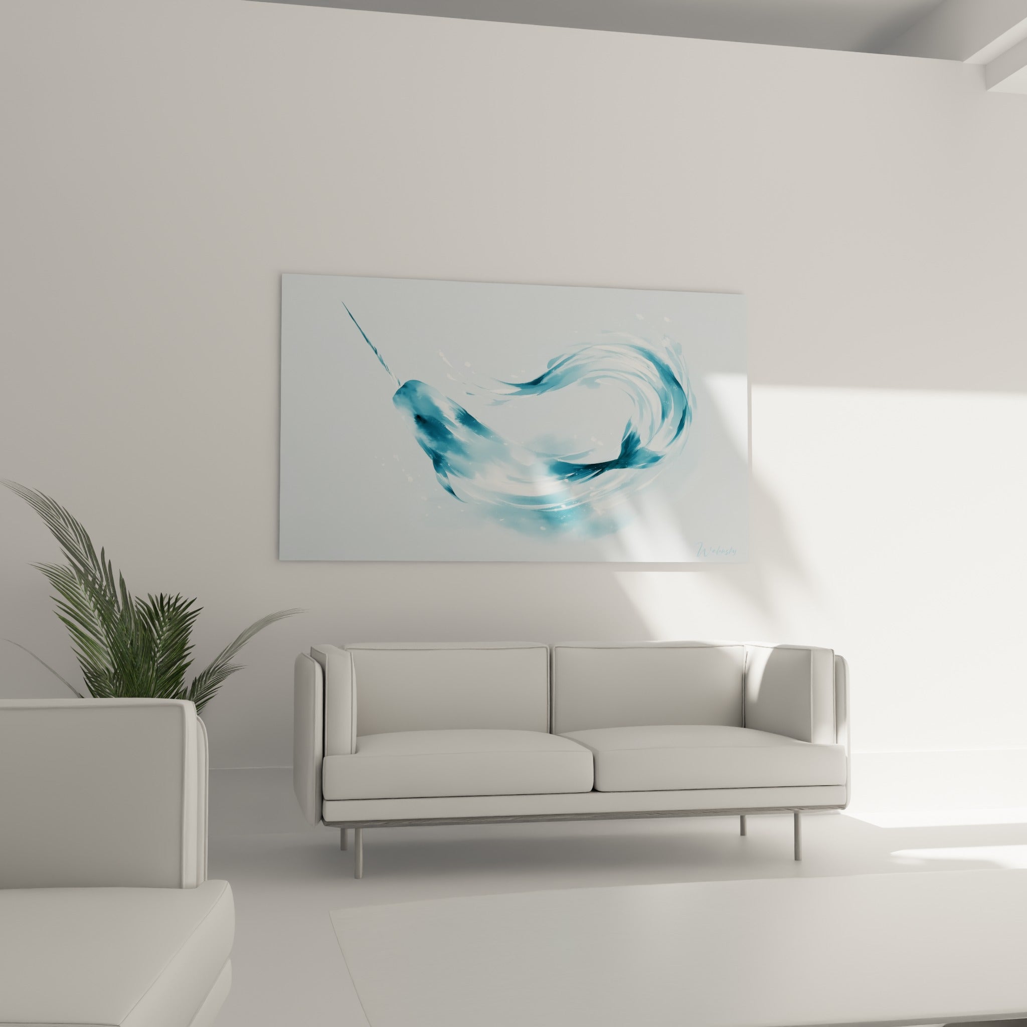Narval turquoise et blanc glissant dans une vague, disposé au-dessus d'un canapé dans un salon lumineux