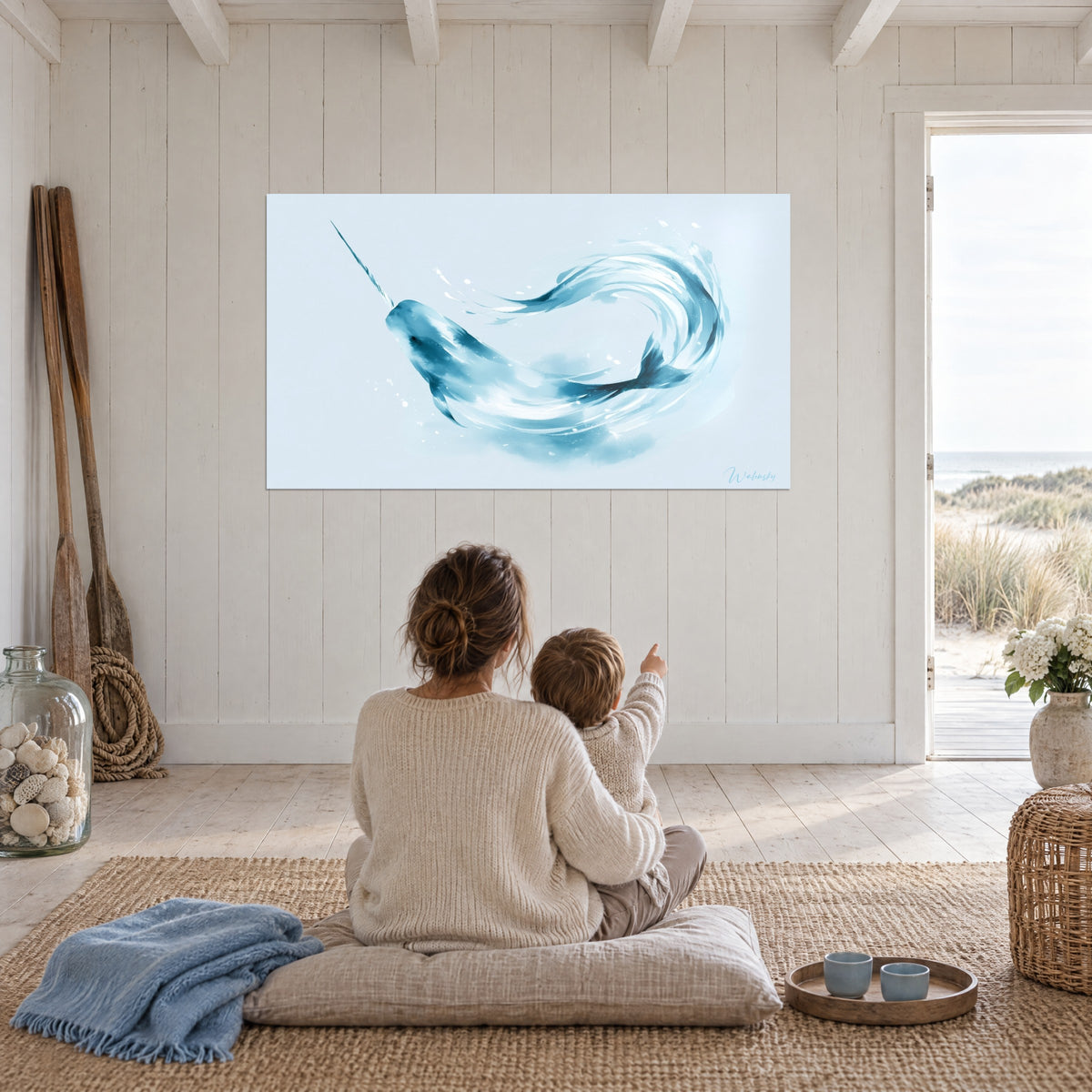 Quadro coda di narvalo a voluta d'acqua, blu anatra e bianco ghiaccio, di fronte a una madre e a un bambino seduti su un cuscino