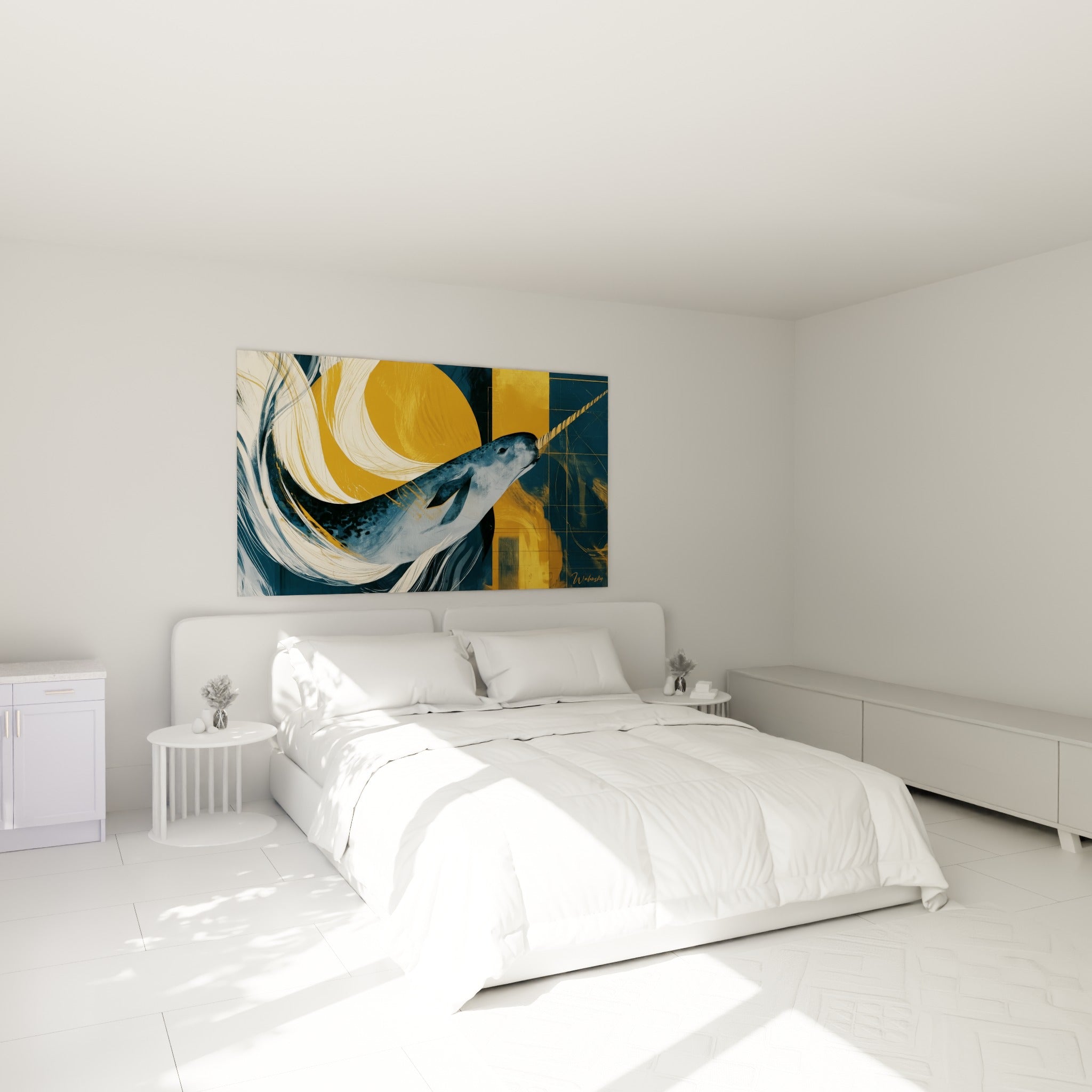 Narval bleu marine et doré porté par des vagues crème, au-dessus d'un lit dans une chambre claire