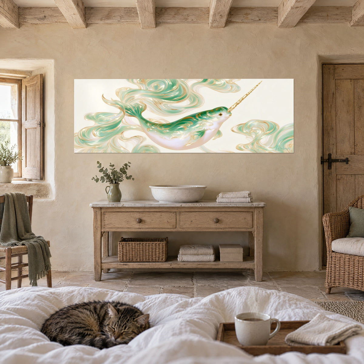 Cuadro ballena de colmillo nacarado, verde salvia y oro, nadando entre remolinos, encima de una cama en un dormitorio luminoso