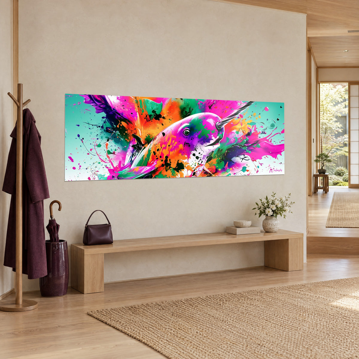 Gemälde Walbild mit spiralförmigem Horn in rosa, orangefarbener und türkisfarbener Farbexplosion, beige Wand und helle Holzbank