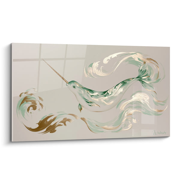 Tableau Narval vert et doré aux volutes ondoyantes - Fond gris perle - Edition Narval