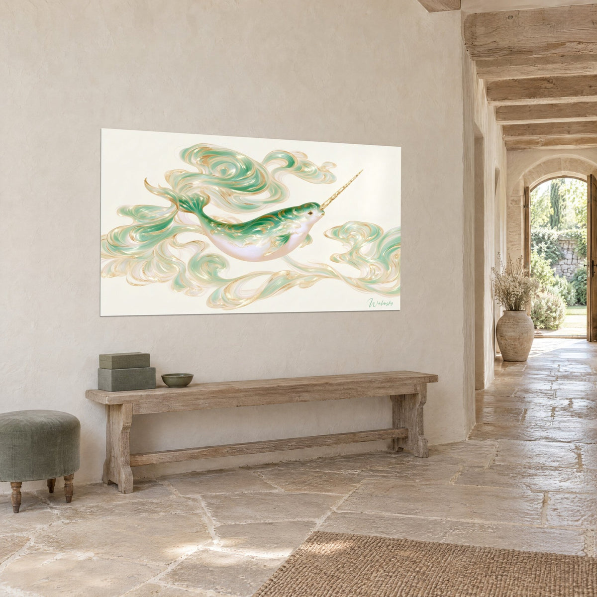 Wall art of a unicorn whale in jade green on a cream background, golden scrolls, hung in a hallway with pale stone tiles