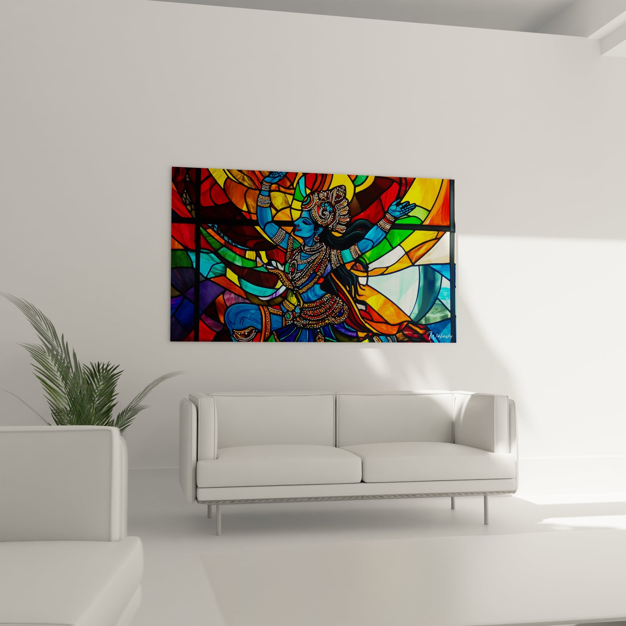 Tableau aux couleurs vives figurant une divinité dansante à la peau bleue, parée de bijoux ornementés, se déployant au centre d'une composition fragmentée en style vitrail où dominent les tons bleus, rouges, jaunes et verts créant une atmosphère spirituelle.
