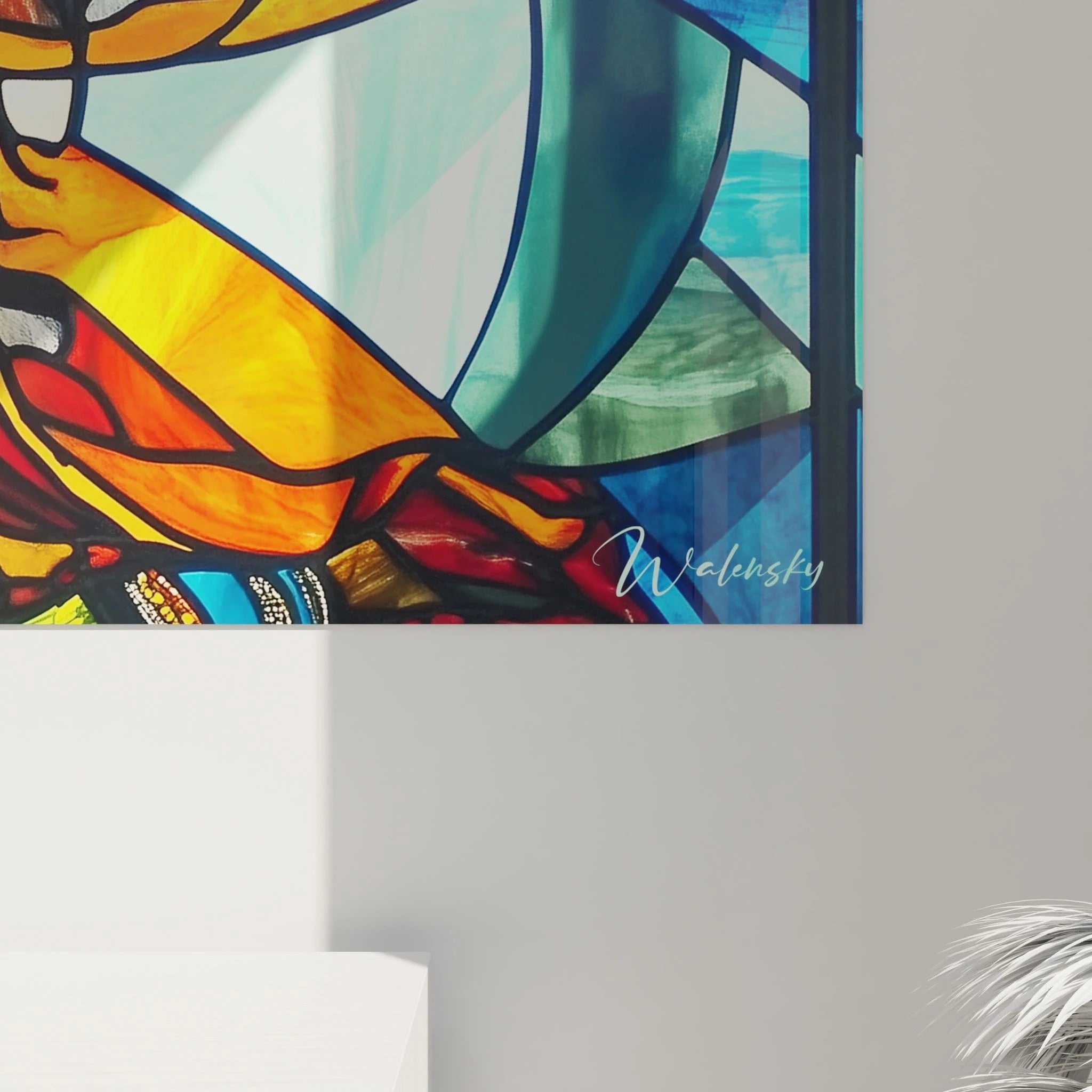 Tableau artistique représentant une figure divine bleue en mouvement gracieux, richement ornée et encadrée par une mosaïque de fragments colorés aux frontières noires marquées, fusionnant iconographie hindoue et esthétique du vitrail dans une explosion chromatique.
