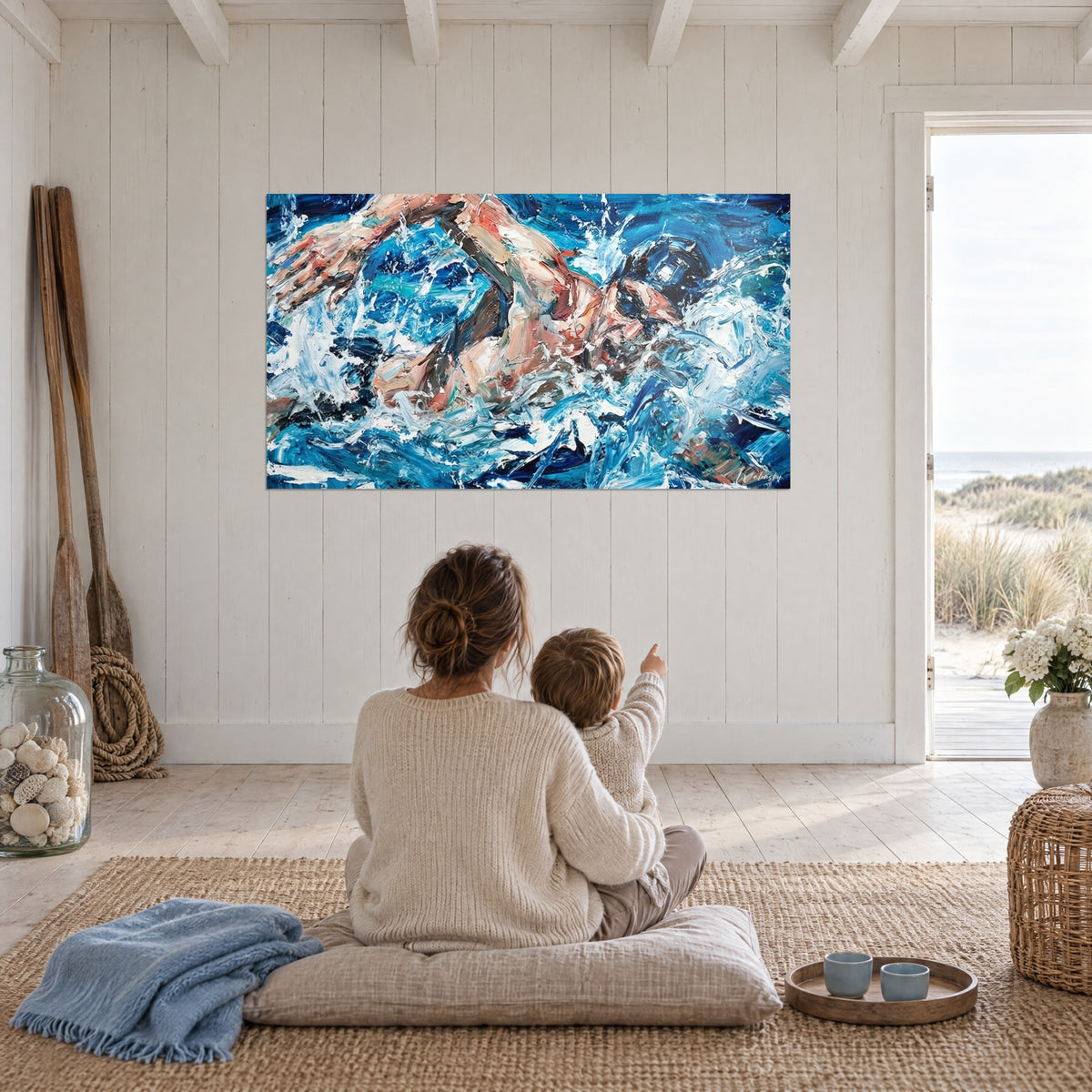 Quadro di una gara di nuoto, spalle arancioni, schizzi bianco puro su sfondo blu profondo, madre e bambino seduti di spalle uno di fronte all'altro
