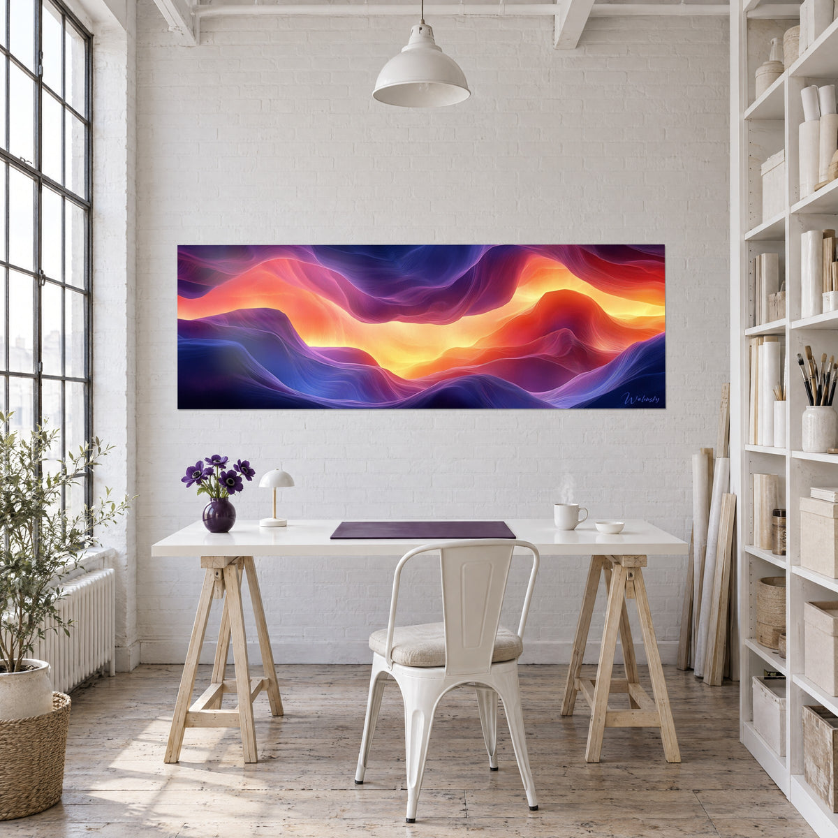 Gemälde mit Sonnenrelief in purpurnen Graten, leuchtendem goldenem Kern und tiefem Blau, an der Wand eines weißen Büros, Vase mit violetten Blumen