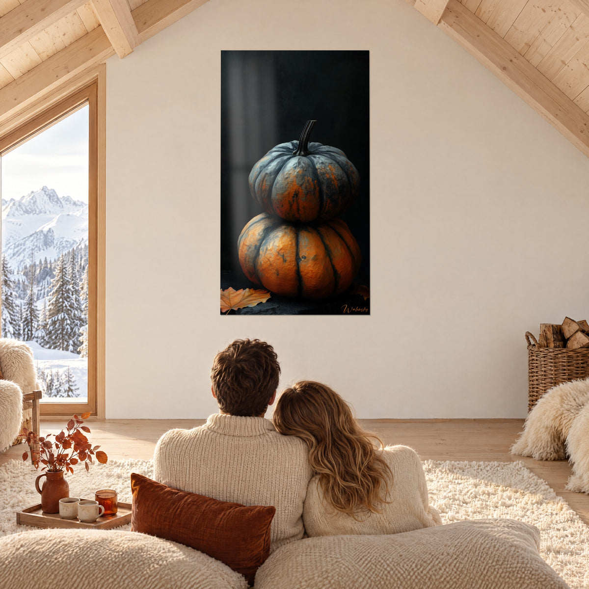 Cuadro calabazas apiladas de piel jaspeada naranja y gris azulado, sobre un fondo negro profundo, en un salón abuhardillado frente a las cumbres