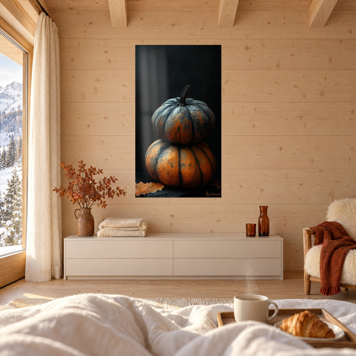 Cuadro calabazas superpuestas de costillas oscuras, naranja quemado y gris pizarra sobre fondo negro, encima de una cama en un dormitorio luminoso