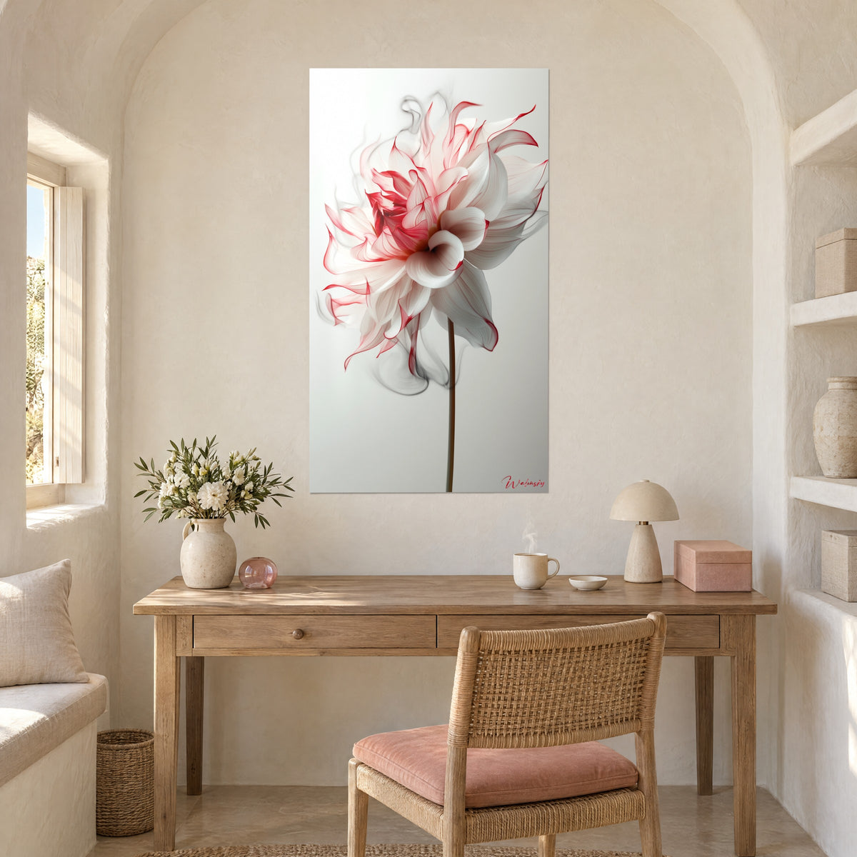 Gemälde verschwommene Blüte in Rot und Weiß auf perlfarbenem Grund, dünner Stiel, über einem Holzschreibtisch, rosa Stuhl, gewölbte Nische