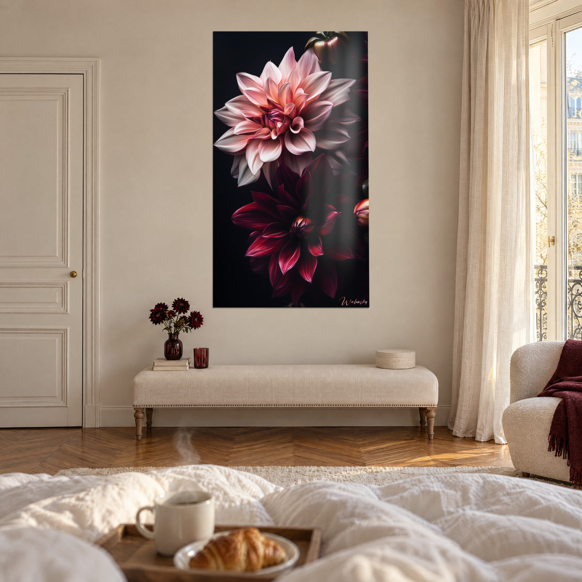 Wall art of a bouquet of pale pink and garnet dahlias, copper-toned bud at the centre, white wall, above a bed in a bright bedroom