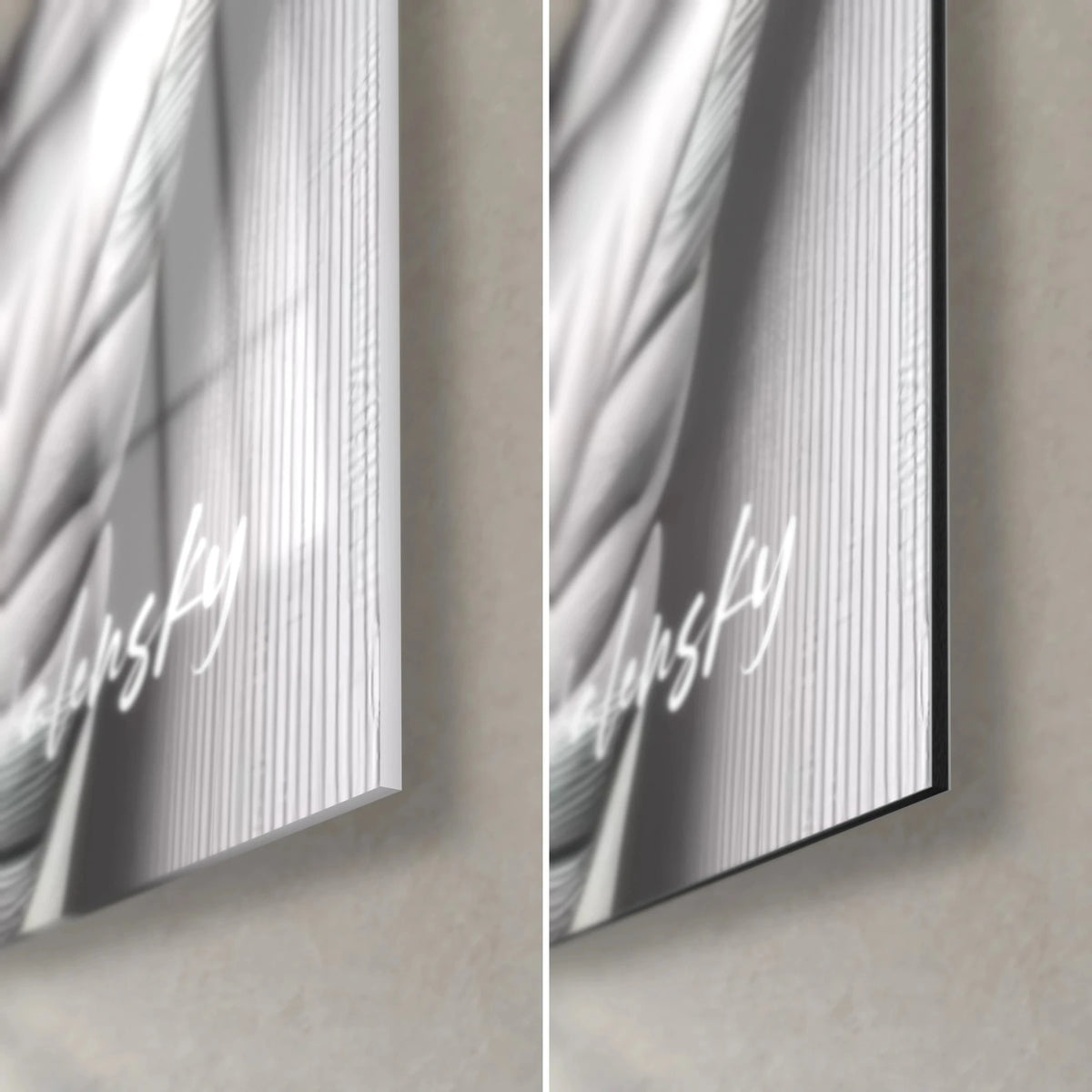 Tableau feuillage en relief, coin bas droit : verre brillant aux reflets gris et alu Dibond mat noir, tranche fine de 3 mm