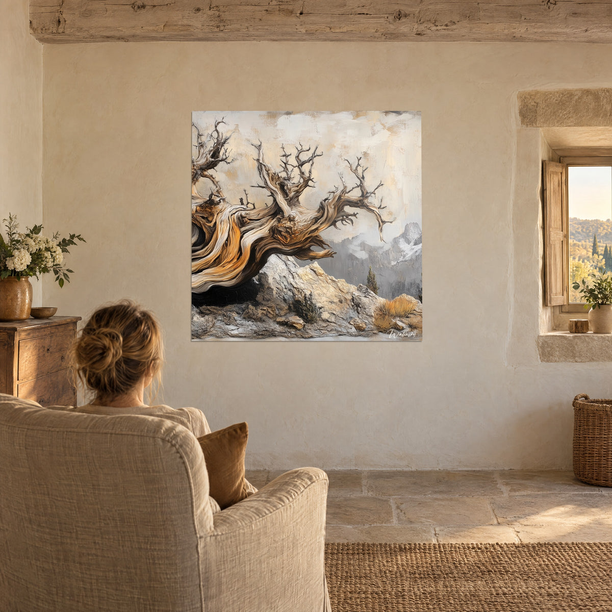 Cuadro superviviente de las cumbres de ramas desnudas marrones y blancas, cielo pálido dorado, una persona de espaldas en un sillón junto a una ventana