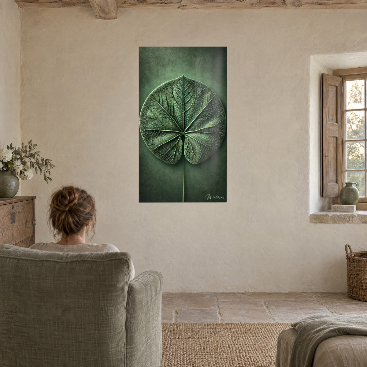 Cuadro de motivo vegetal simétrico en relieve, verde almendra y verde pino, visto desde un sillón en una casa de piedra