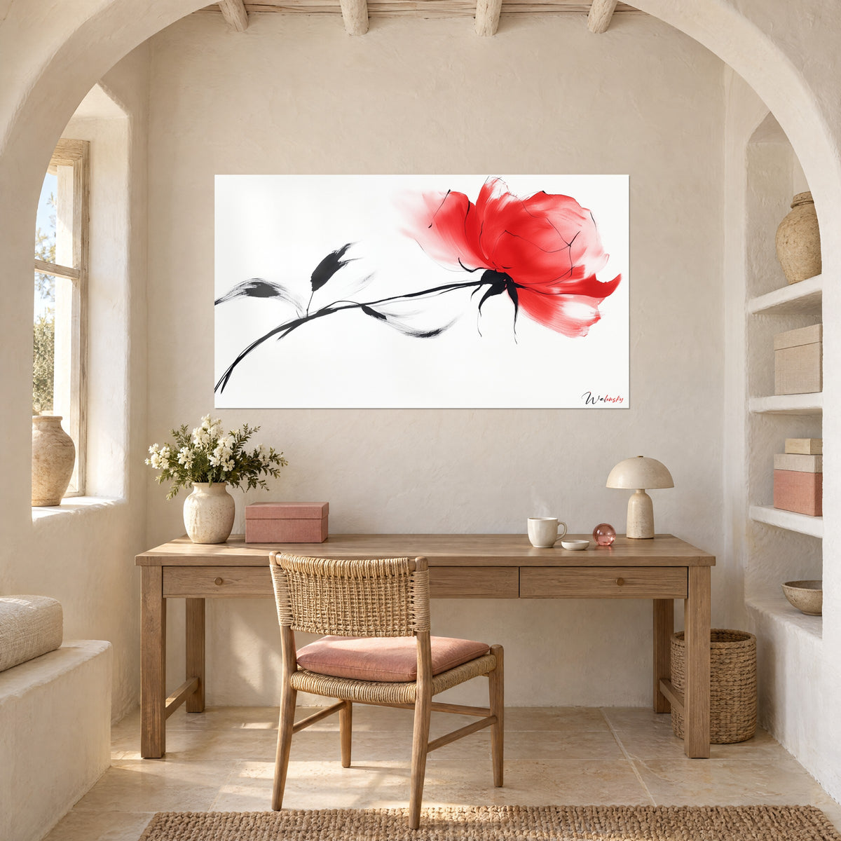 Gemälde mit roter Pfingstrose in Aquarelltechnik, schwarze Tuschestriche auf reinem Weiß, an der Wand eines Büros aus hellem Holz neben einem Bogen