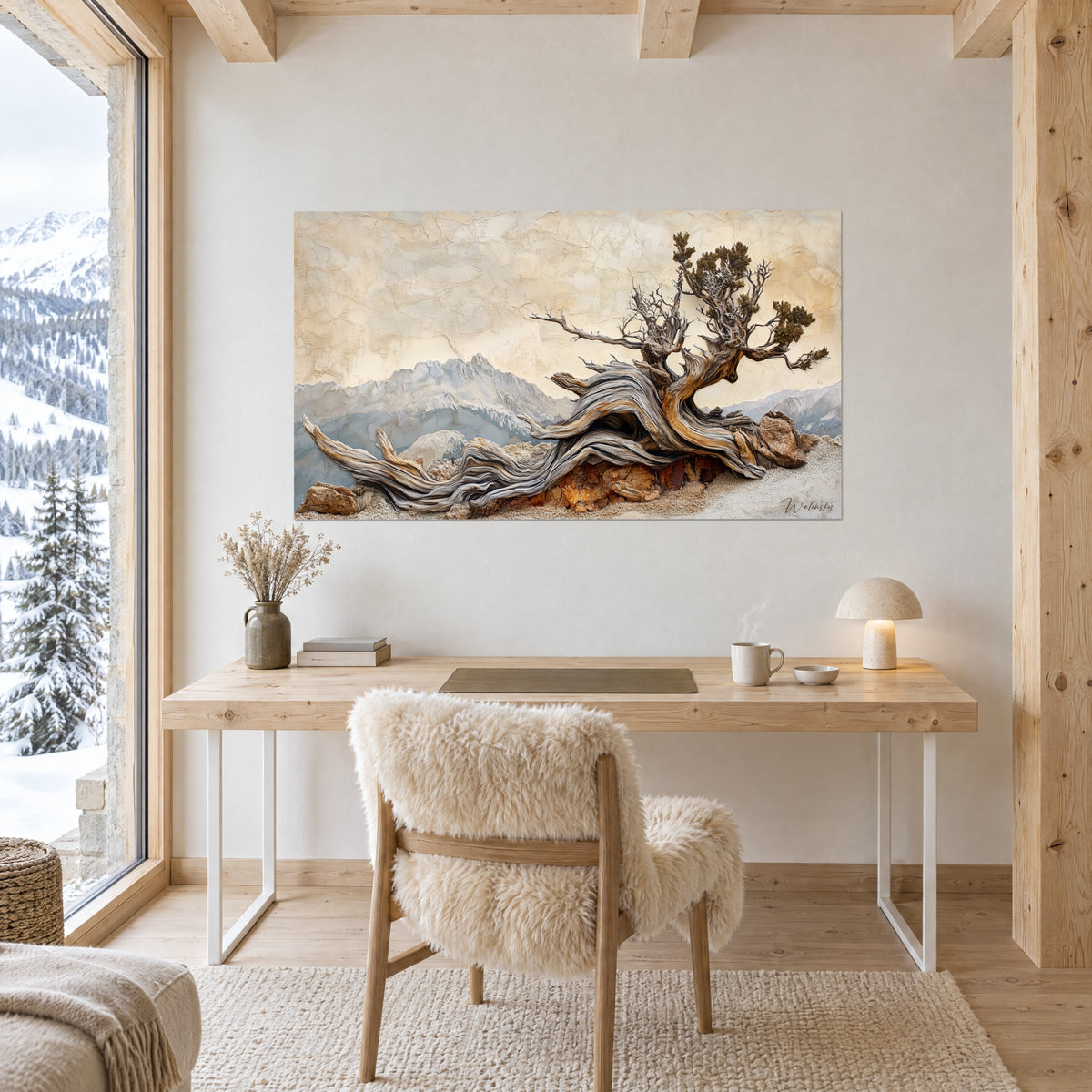 Wall art of an alpine juniper with silvery bare branches, orange rock and bluish snowy ridge, facing a light wood desk