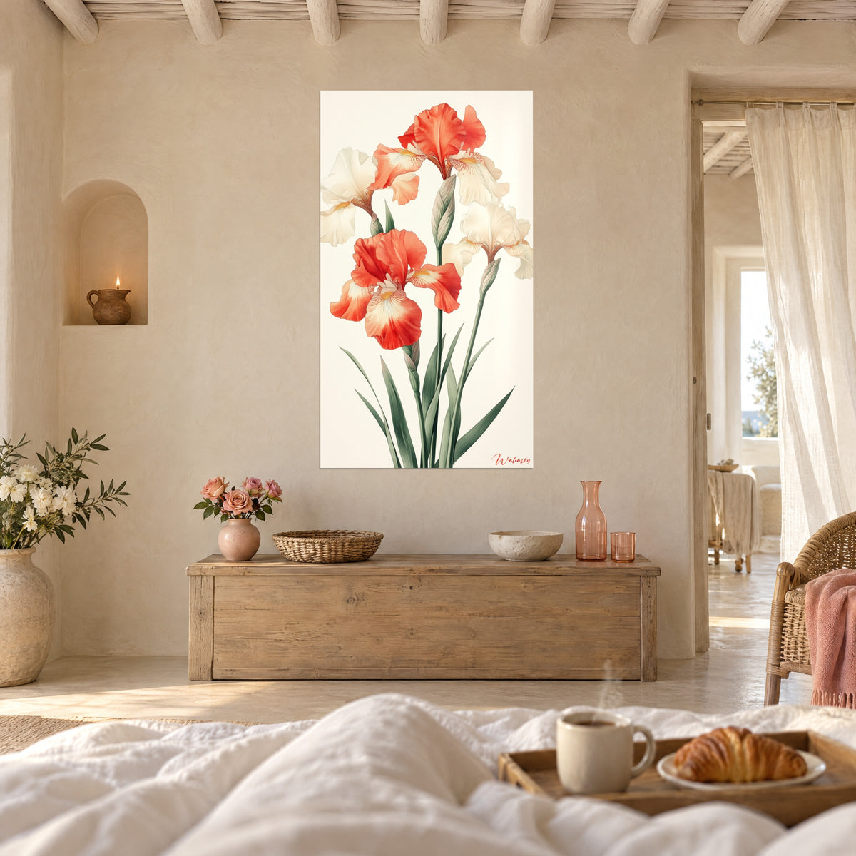 Πίνακας botanical εικόνα ιριδας σε κοραλλί και κρεμ λευκό, βαθυπράσινα φύλλα, πάνω από ένα κρεβάτι σε φωτεινή κρεβατοκάμαρα