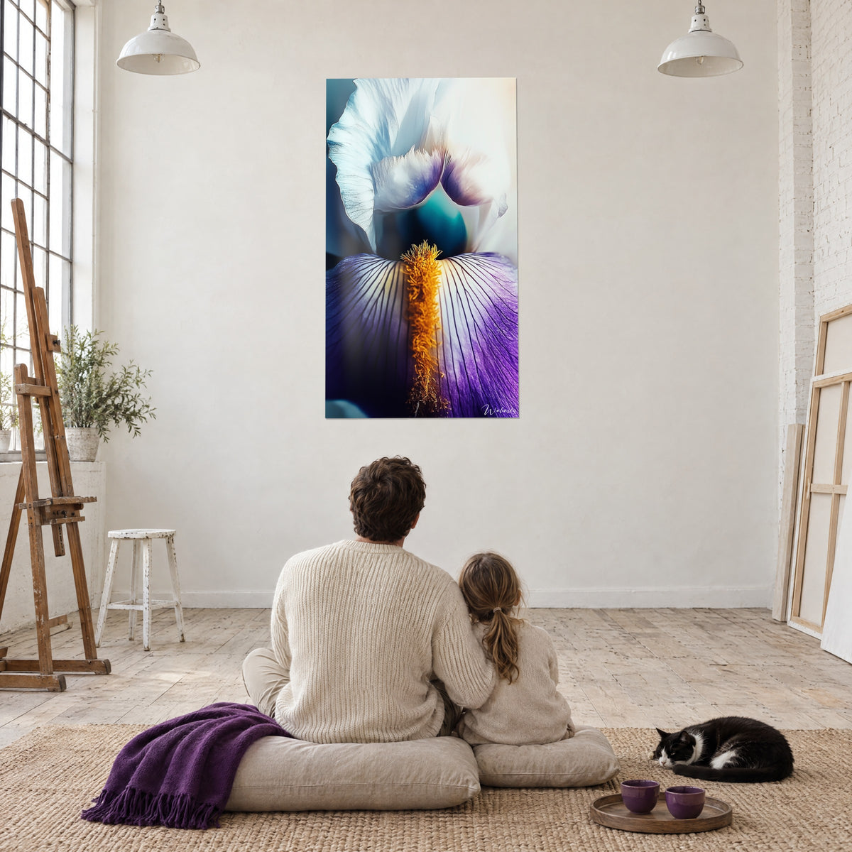 Schilderij Macro-iris, mauve en ivoorkleurige bloembladen, gele meeldraad, bewonderd door een koppel van achteren en een tuxedo-kat, kunstenaarsloft