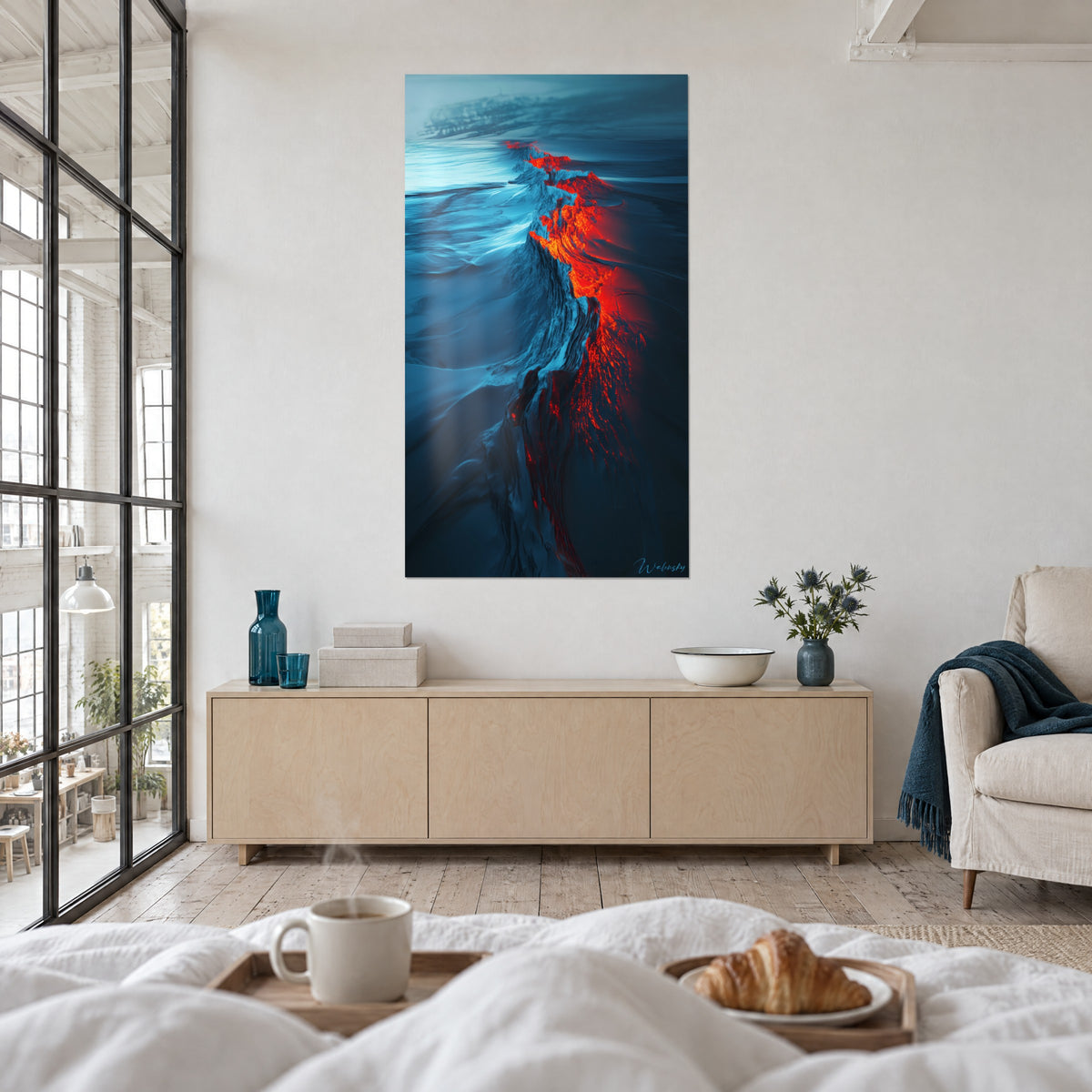 Cuadro de un río de magma escarlata sobre un banquete de hielo azur, vista general, encima de una cama en un dormitorio luminoso