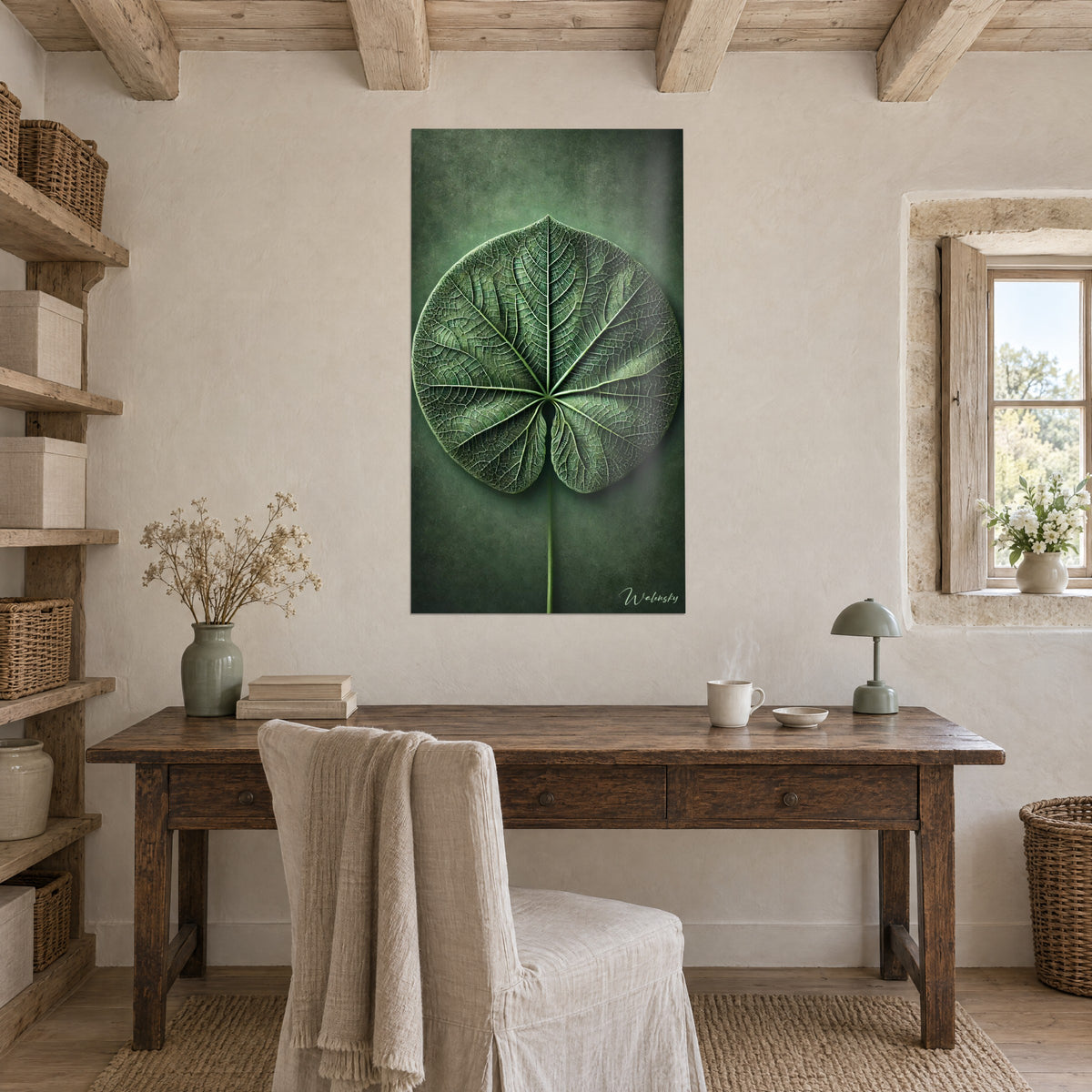 Cuadro de hoja nervada de peciolo fino, verde celadón y verde botella, sobre un escritorio de madera en una habitación luminosa