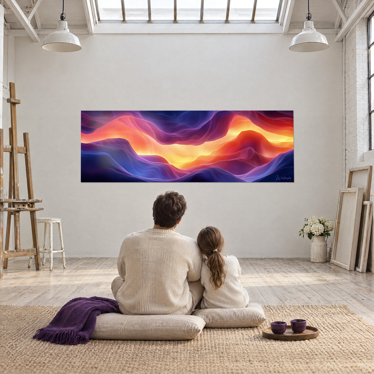 Gemälde eines Horizonts aus verschmolzenen Dünen in Magenta, Bernstein und Indigo, Paar von hinten auf Kissen sitzend im Künstlerloft