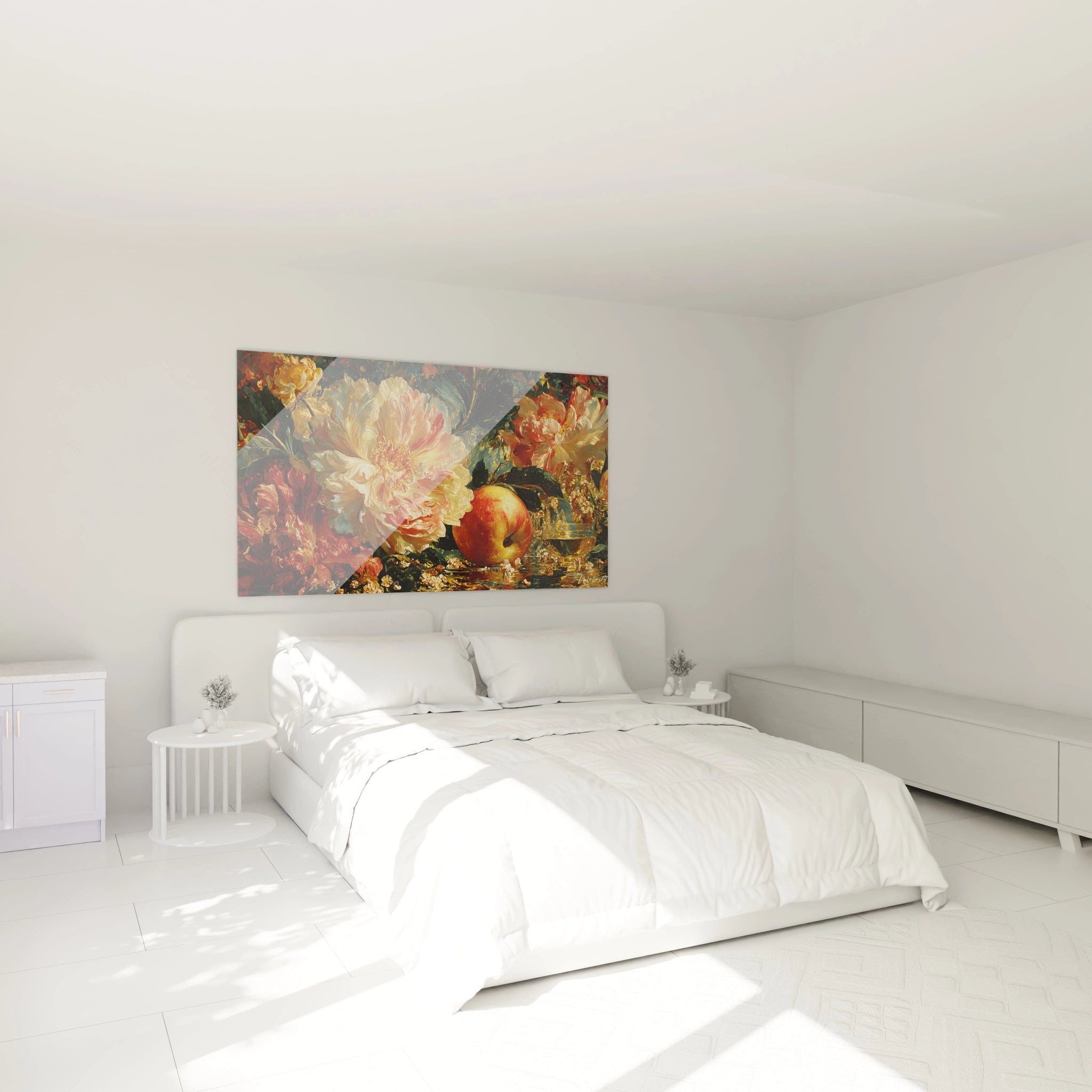 tableau nature morte baroque Walensky accroche au dessus d un lit blanc minimaliste dans une chambre lumineuse