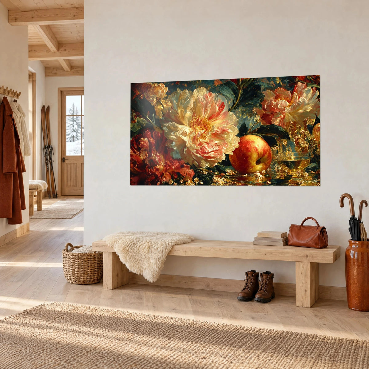 Tableau bouquet baroque de pivoines ivoire et corail, pomme rouge dorée, feuillage sombre, au-dessus d'un banc en bois clair
