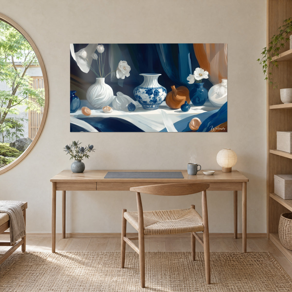 Cuadro cerámicas panzudas en azul marino, blanco y terracota sobre una mesa clara, encima de un escritorio de madera junto a una ventana redonda