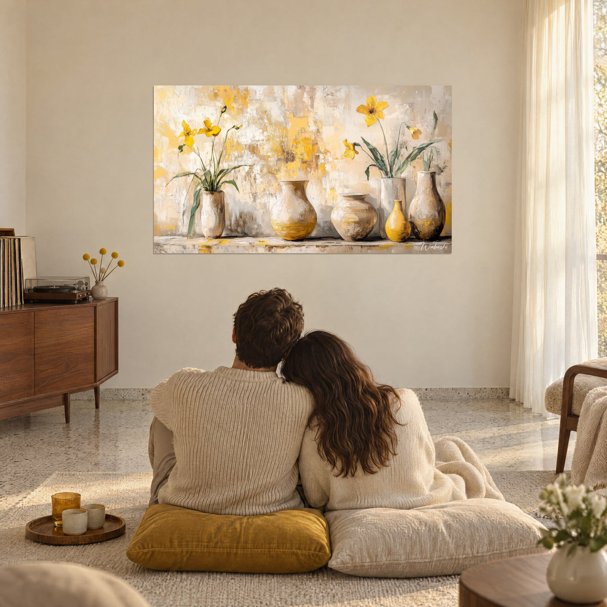Cuadro Ánforas beige rosado y flores de amarillo brillante sobre pared envejecida marfil, pareja de espaldas abrazada sobre cojines en un salón
