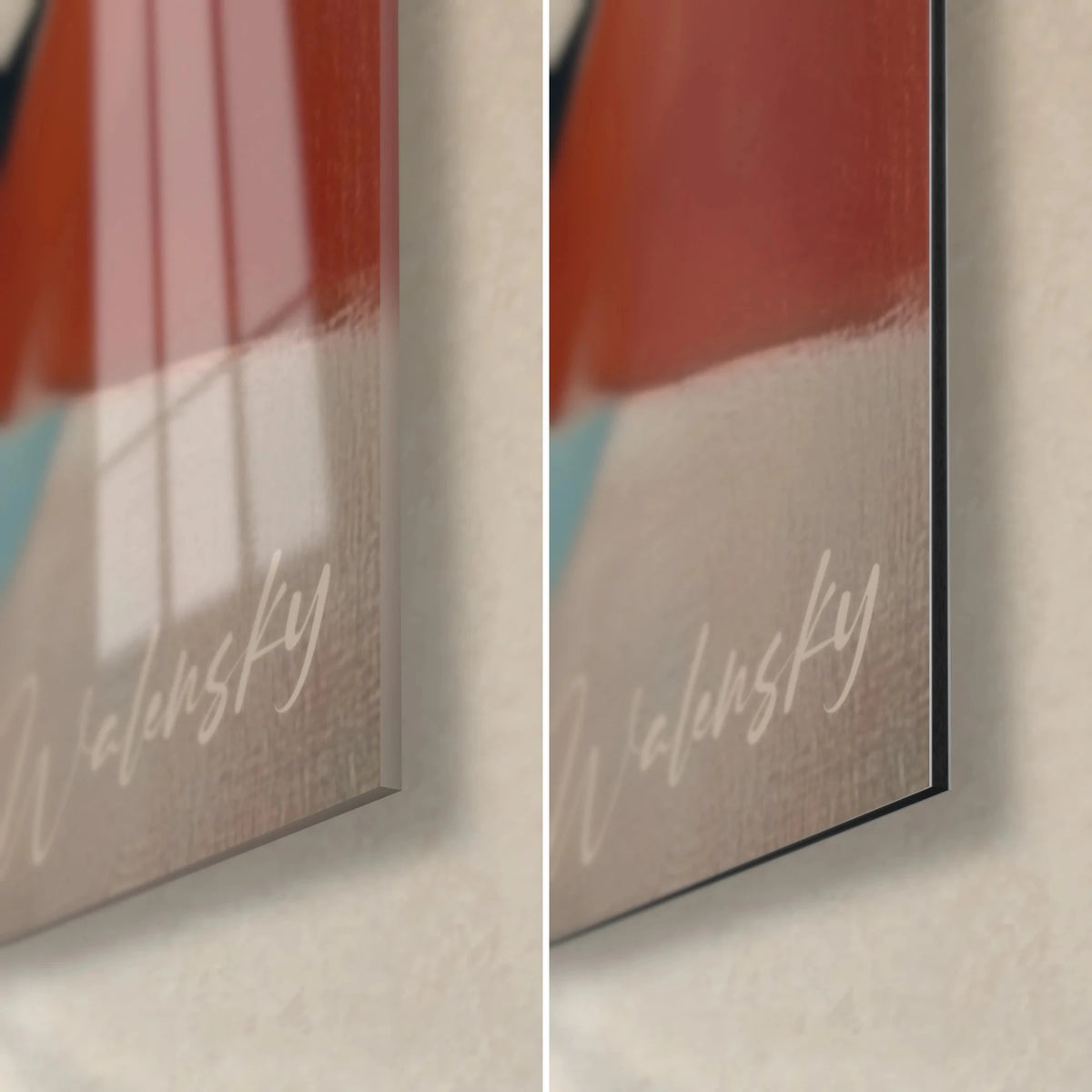 Tableau bouteille rouge sur aplats écarlates, coin bas droit : reflets du verre acrylique brillant et Dibond mat, tranche de 3 mm